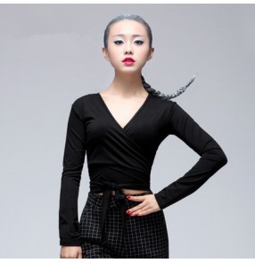 Black red white v neck long sleeves sexy fashion women's ladies female competition ballroom latin salsa dance tops 